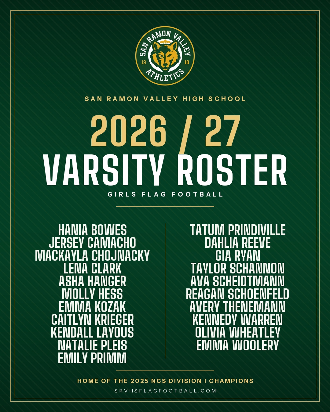 2026/27 SRVHS Wolves Girls Flag Football Varsity Roster Announcement