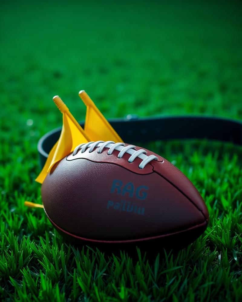 Football and flag belt on green turf